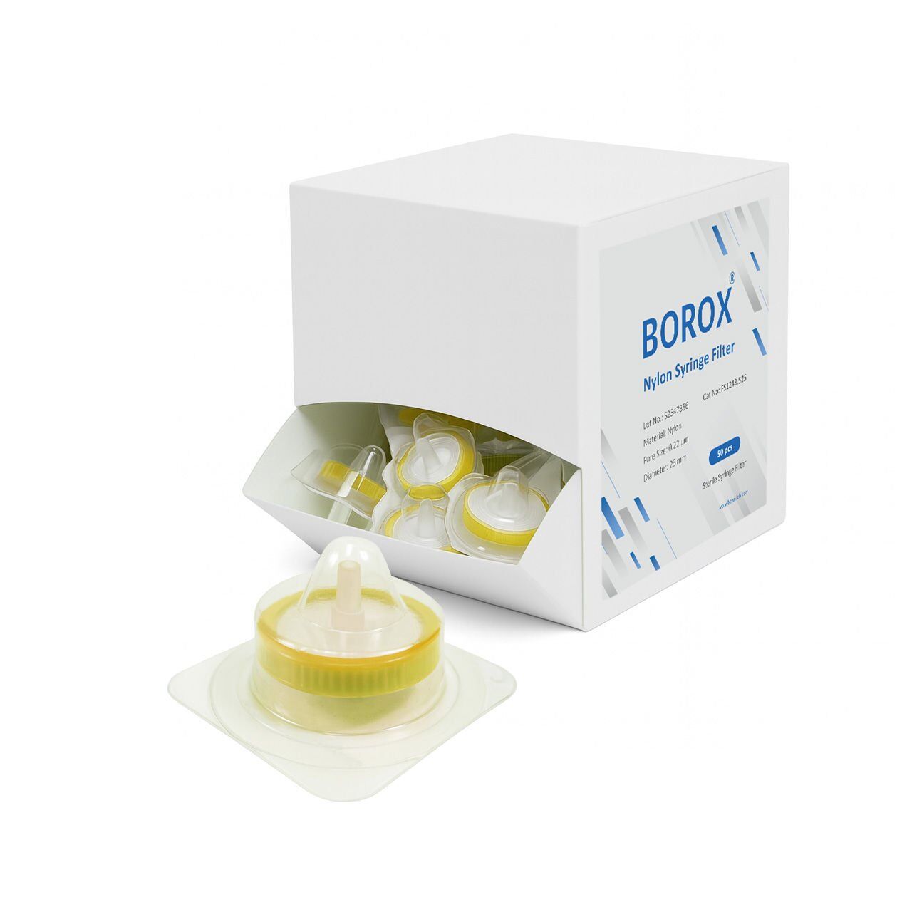 Borox Naylon Şırınga Filtre - Steril 0.22µm - Nylon Syringe Filter - Sarı - 50 Adet