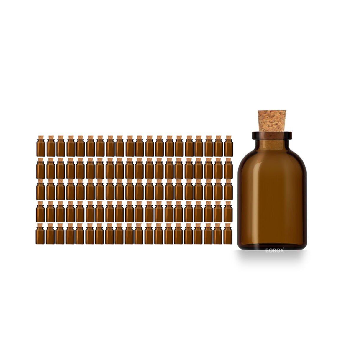 Borox Mantar Tıpalı Amber Cam Şişe - Mini Küçük Şişe 25 ml - Tıpalı Küçük Şişe 100 Adet/Paket