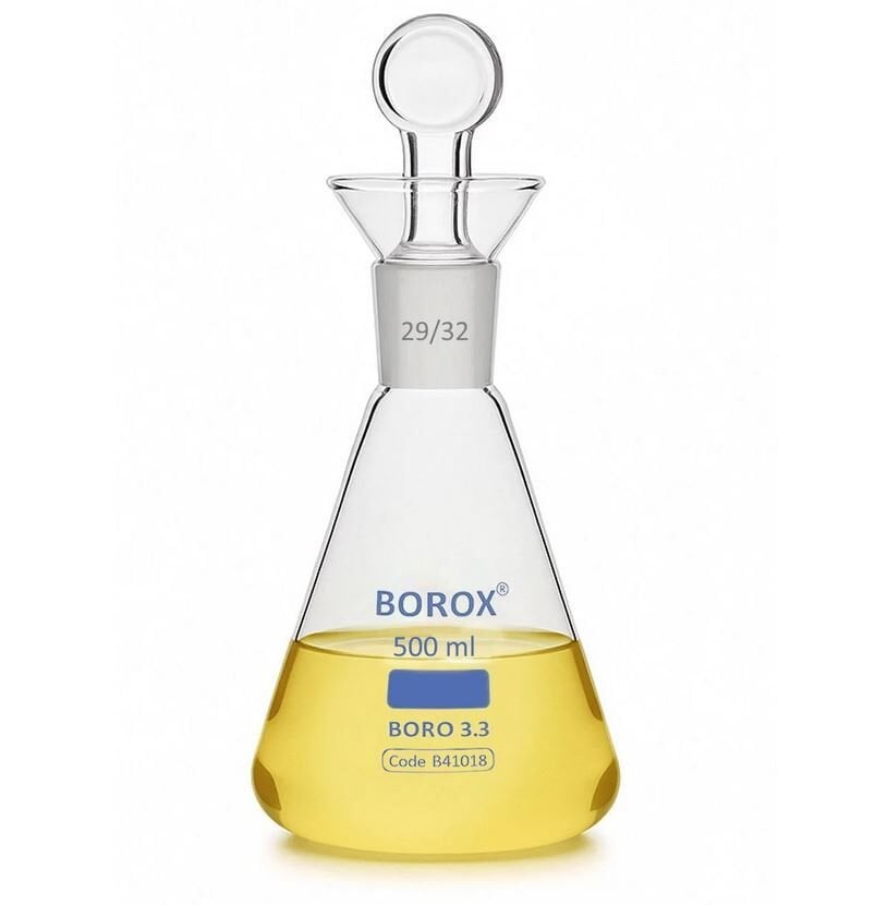 Borox Cam Erlen 500 ml - İyot Erleni Cam Tıpalı - Şilifli NS29/32