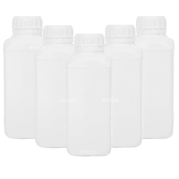 Borox Plastik Kare Şişe 1000 ml - Beyaz Kapaklı Şişe 5 Adet