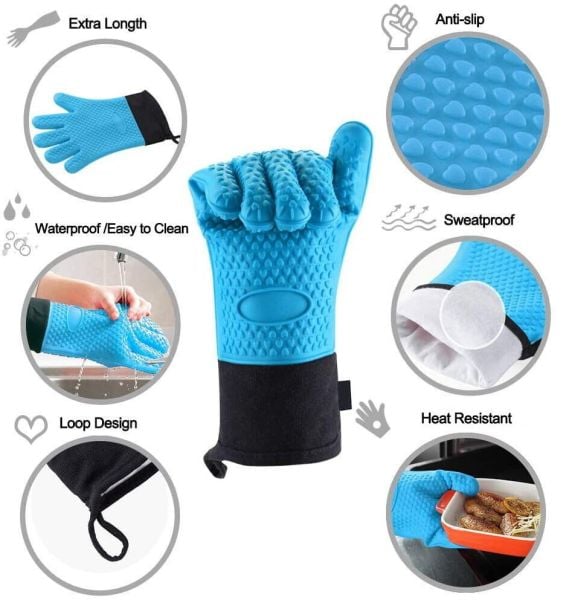 Borox Silikon Eldiven - 1 Çift - Isıya Dayanıklı - Su Geçirmez - Mavi Fırın Bulaşık Eldiveni