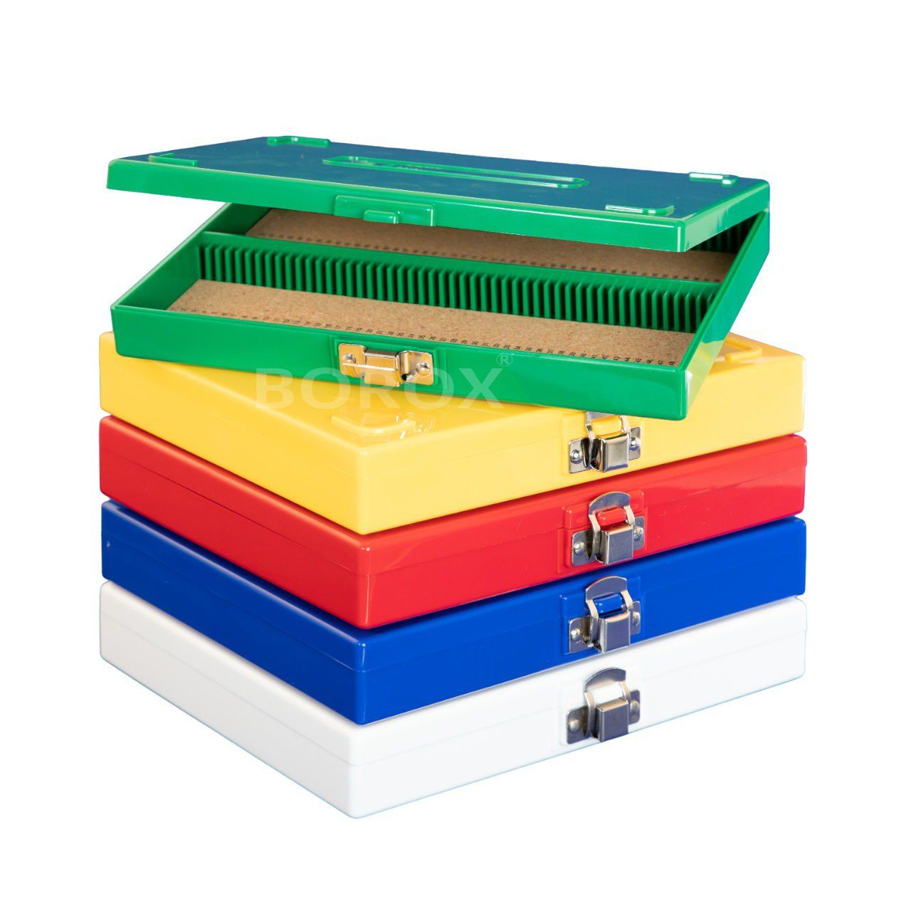 Borox Mikroskop Slide Saklama Kutusu - Mantar Tabanlı 100lü Slayt Kabı - Metal Kilitli - 5 Farklı Renk Set