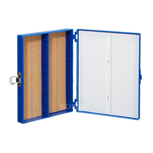 Borox Mikroskop Slide Saklama Kutusu - Mantar Tabanlı 100lü Slayt Kabı - Metal Kilitli - Mavi