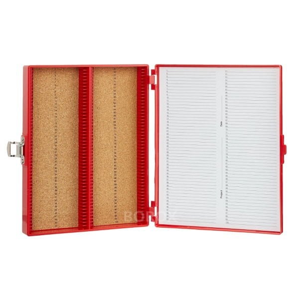 Borox Mikroskop Slide Saklama Kutusu - Mantar Tabanlı 100lü Slayt Kabı - Metal Kilitli - Kırmızı